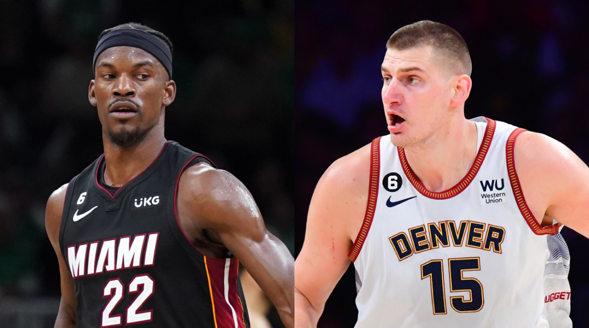 Heat forward Jimmy Butler competes in the Eastern Conference finals. Nuggets center Nikola Jokic dribbles the ball during the Western Conference finals.